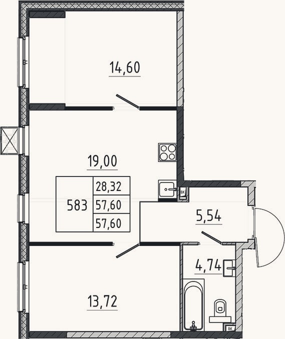 Планировка: 3-к, 57,6 м²
