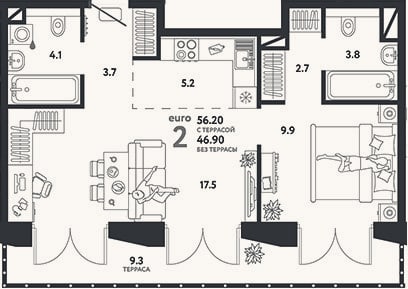 Планировка: 2-к, 46,9 м²