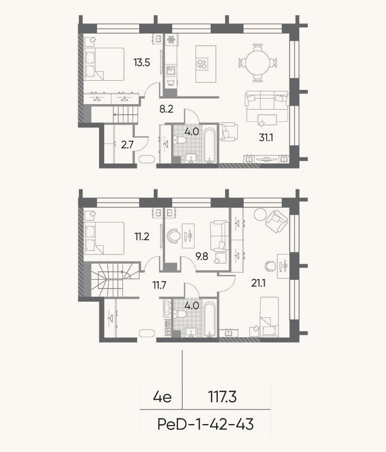 Планировка: 4+ к, 117,3 м²
