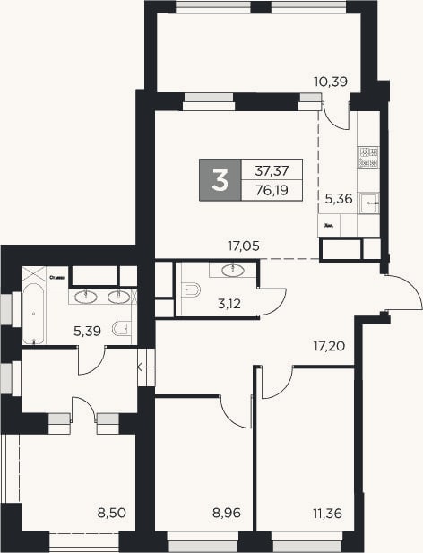 Планировка: 3-к, 66,7 м²