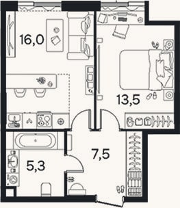 Планировка: 1-к, 42,3 м²