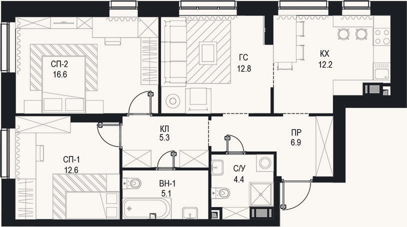 Планировка: 3-к, 75,9 м²