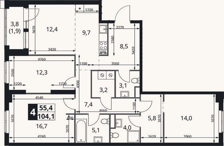 Планировка: 4+ к, 103,4 м²