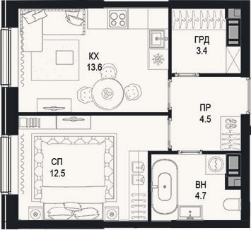 Планировка: 1-к, 38,7 м²