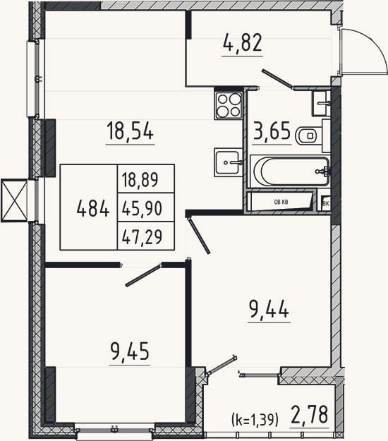 Планировка: 3-к, 45,9 м²