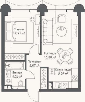 Планировка: 2-к, 43,2 м²
