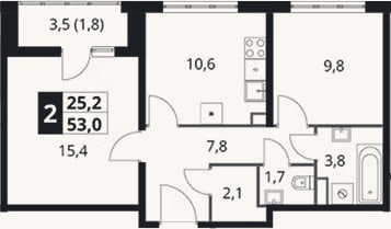 Планировка: 2-к, 51,2 м²