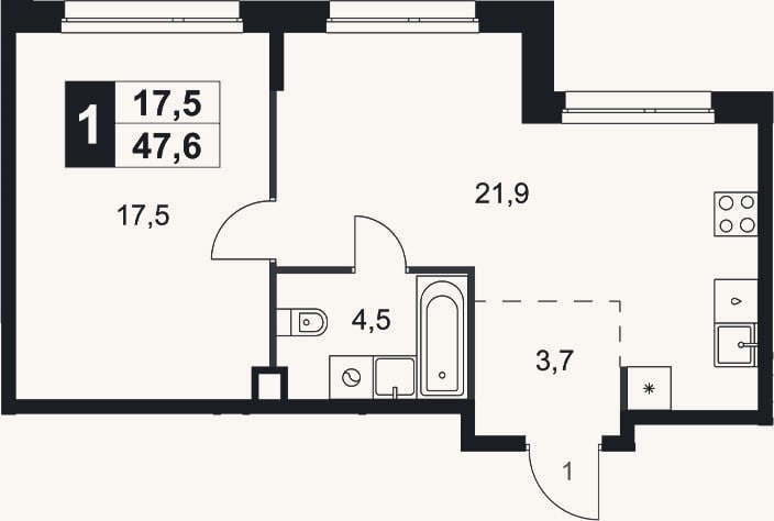 Планировка: 1-к, 47,6 м²