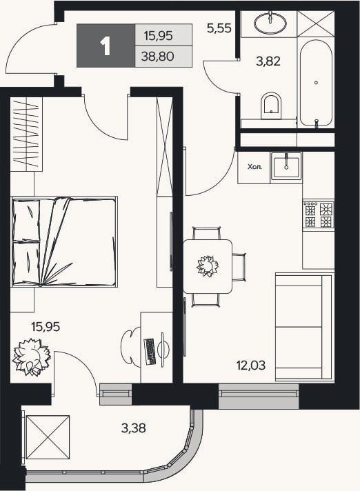 Планировка: 1-к, 37,1 м²