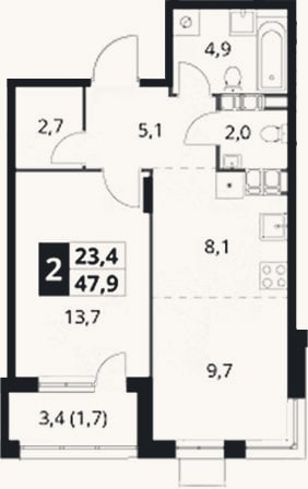 Планировка: 2-к, 46,2 м²