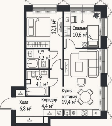 Планировка: 3-к, 60,6 м²