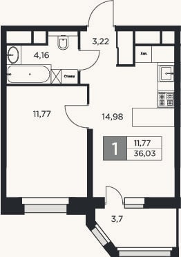 Планировка: 2-к, 34,2 м²