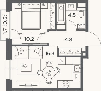 Планировка: 1-к, 35,8 м²