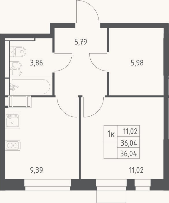 Планировка: 1-к, 36 м²