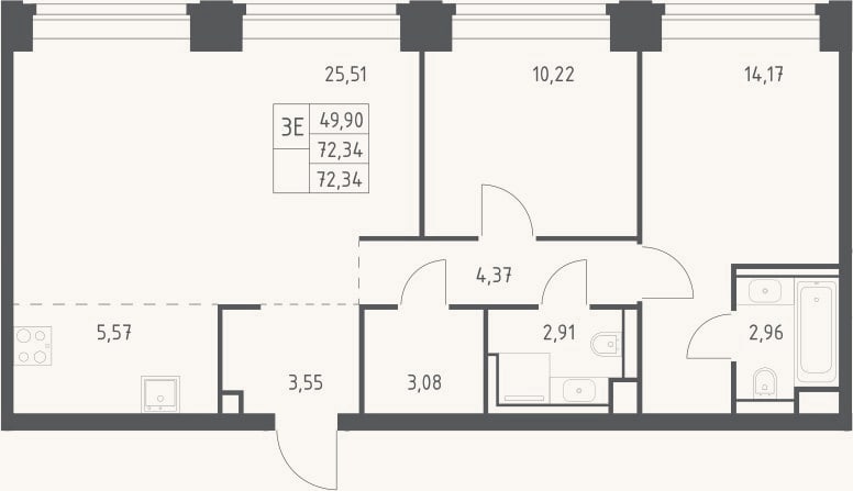 Планировка: 3-к, 72,3 м²