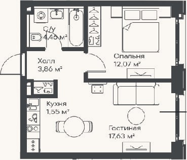 Планировка: 2-к, 39,6 м²