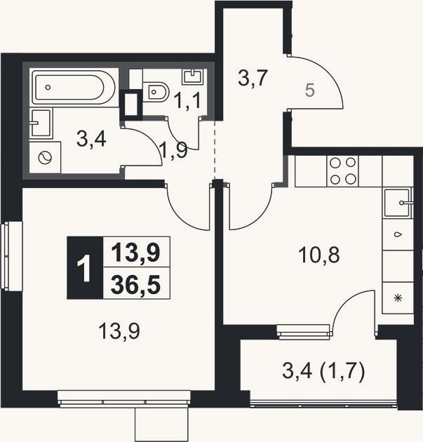Планировка: 1-к, 34,8 м²