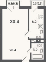 Планировка: 1-к, 29,8 м²