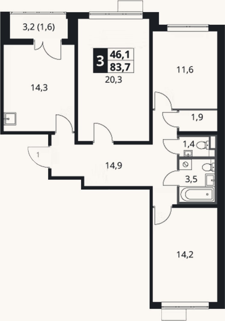 Планировка: 3-к, 82,1 м²