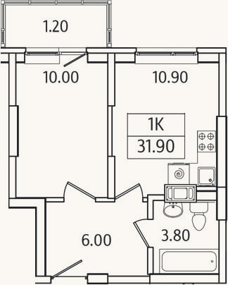 Планировка: 1-к, 30,7 м²