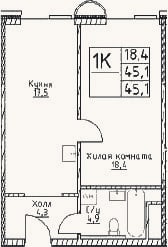 Планировка: 1-к, 45,1 м²