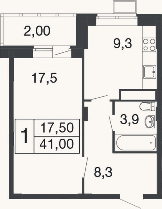 Планировка: 1-к, 39 м²