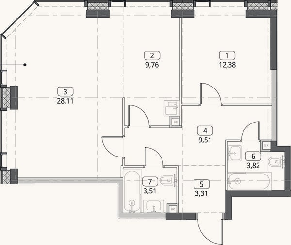 Планировка: 2-к, 70,4 м²