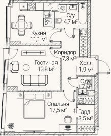 Планировка: 2-к, 61 м²