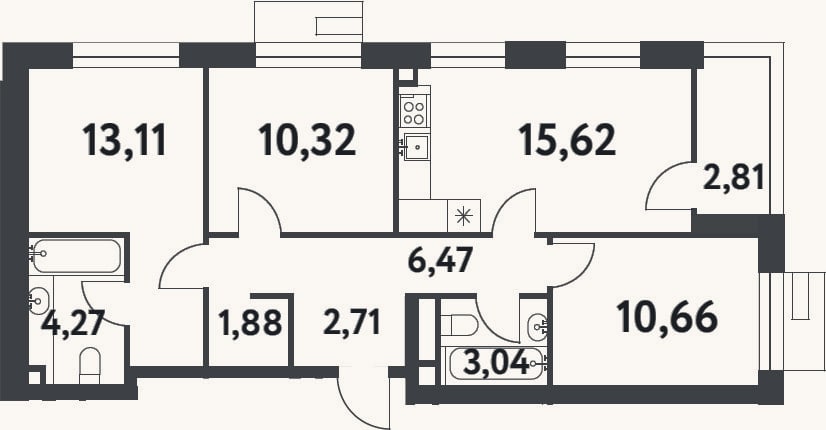 Планировка: 3-к, 68,1 м²
