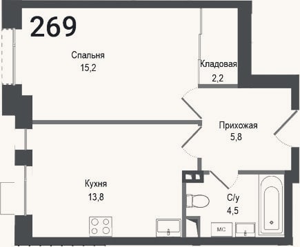 Планировка: 1-к, 41,5 м²