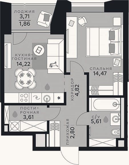 Планировка: 2-к, 45,5 м²