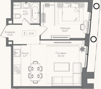 Планировка: 2-к, 51,2 м²