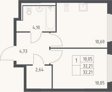 Планировка: 1-к, 32,2 м²