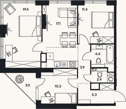 Планировка: 4+ к, 74,2 м²