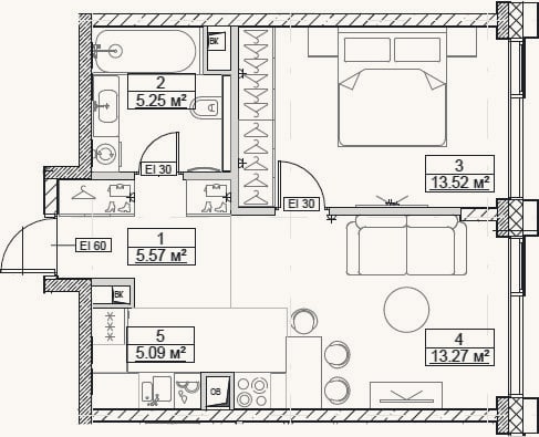 Планировка: 2-к, 42,7 м²