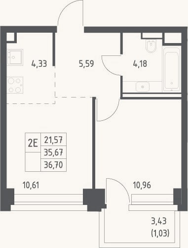 Планировка: 2-к, 35,7 м²