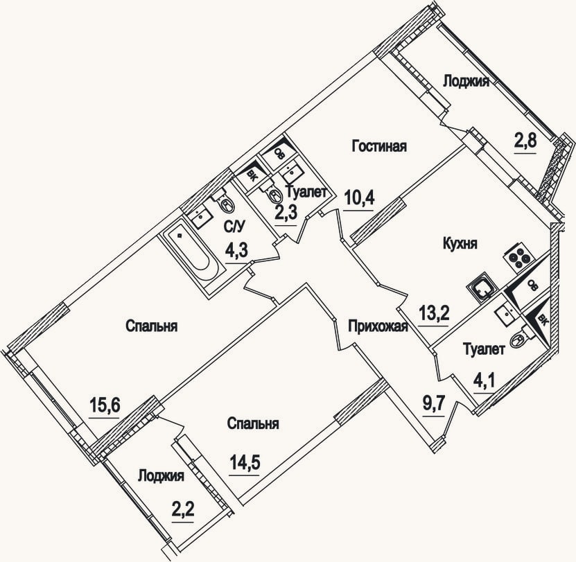 Планировка: 3-к, 74,1 м²