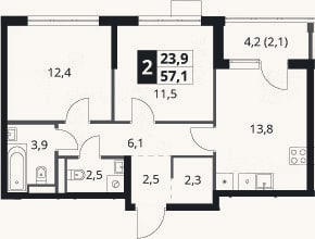 Планировка: 2-к, 55 м²