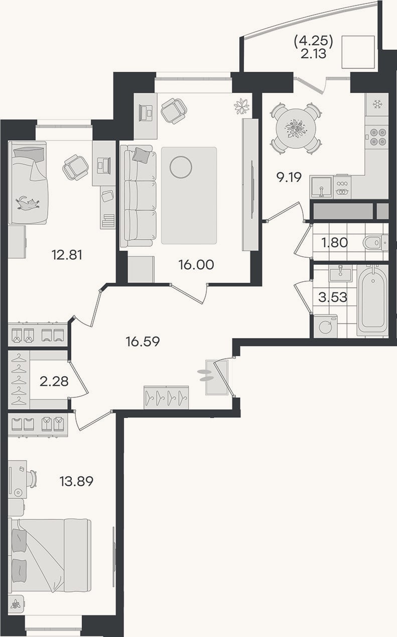 Планировка: 3-к, 76,1 м²