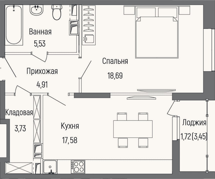 Планировка: 1-к, 50,4 м²