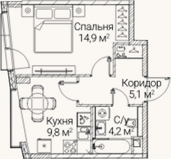 Планировка: 1-к, 34 м²