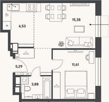 Планировка: 2-к, 42,7 м²