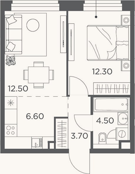 Планировка: 2-к, 39,6 м²