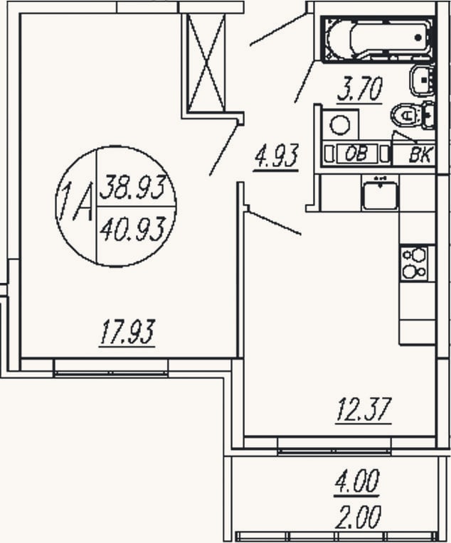 Планировка: 1-к, 38,9 м²