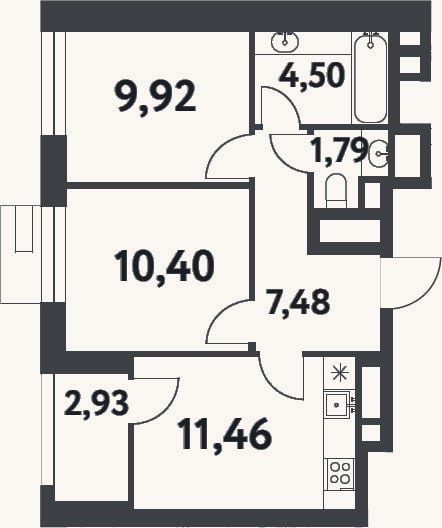 Планировка: 2-к, 45,6 м²