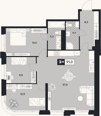 Планировка: 3-к, 91,3 м²
