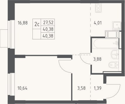Планировка: 2-к, 40,4 м²