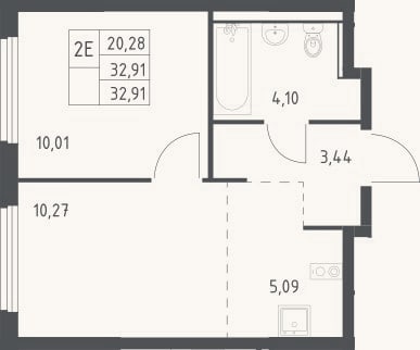Планировка: 2-к, 32,9 м²