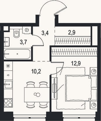 Планировка: 1-к, 33,1 м²