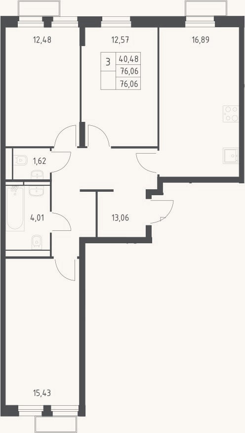 Планировка: 3-к, 76,1 м²